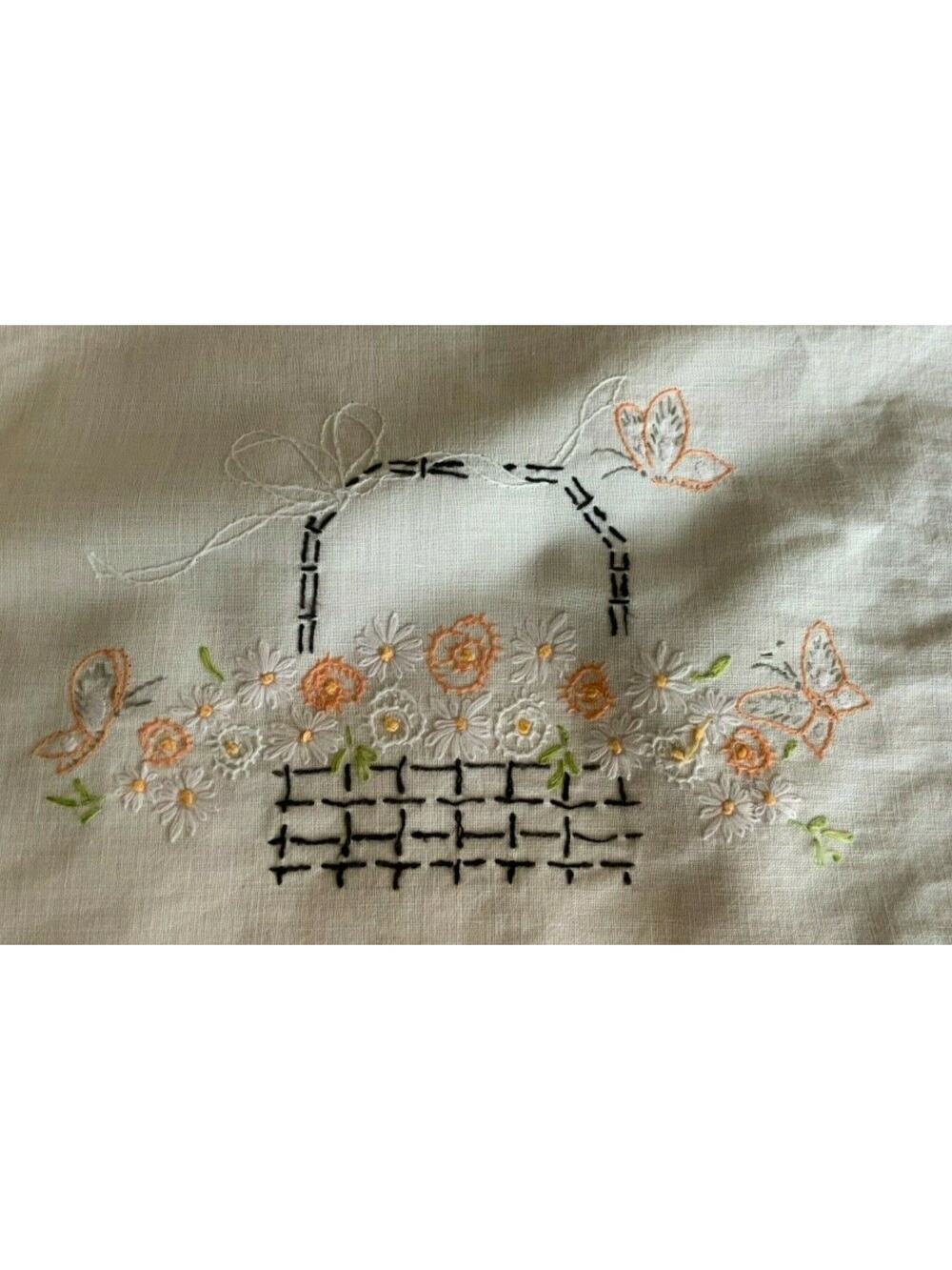 Table Runner/Towel Embroidered Flower Basket Butterflies Finished Edges Vintage